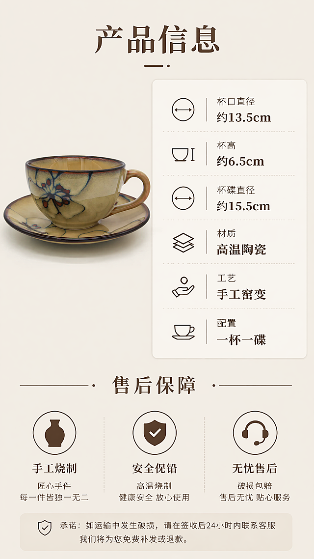 [第7屏] 规格参数与售后保障-展示旧瓷花韵手工套杯完整信息与售后承诺。本屏使用【图1】作为产品展示。
[氛围/风格] 简洁清晰，专业可信，信息层级分明。
[元素布局] 左上放置产品小图，右侧为规格参数信息卡，下方为售后保障图标区；产品小图占左侧约30%，信息卡占右侧约70%，售后区占底部约25%；产品保持原图外观颜色纹理。
[光影质感] 均匀明亮布光，信息清晰可读，整体干净整洁。
[配色色系] 全局底色 #f0e8d9，信息卡米白色底，深棕色文字，售后图标深棕色。
[文字版式] 顶部主标题 "产品信息"，参数信息包含：杯口直径约13.5cm、杯高约6.5cm、杯碟直径约15.5cm、材质：高温陶瓷、工艺：手工窑变、配置：一杯一碟；下方三个售后图标分别对应：手工烧制、安全无铅、无忧售后，每个图标配短说明；文字清晰排版整齐，可读性强。
[比例分辨率] 9:16，4K，文字清晰可辨。
[负向提示词] 参数错误，产品变形，文字错乱，文字过小，水印，排版混乱