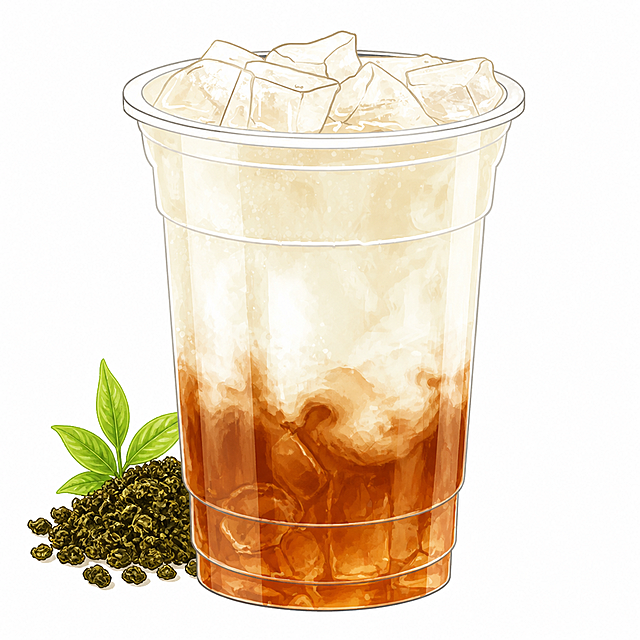 参考参考图片的清新手绘饮品插画风格，生成一杯奇兰鸭屎香鲜奶茶，透明外带塑料杯，底部是棕褐色茶汤，上层是奶白色鲜奶，顶部加满冰块，整体层次分明透亮，渐变分层，纯白色背景，2K高清分辨率