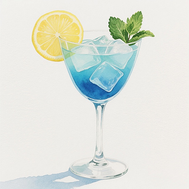 一幅水彩风格的插画，透明玻璃高脚杯中装着渐变蓝色的鸡尾酒，杯口装饰着一片黄色柠檬片和几片绿色薄荷叶，杯中漂浮着几块透明冰块，整体画面清新明快，背景为纯白色，光影柔和，色彩过渡自然，笔触带有水彩特有的晕染效果和细微的纹理感。