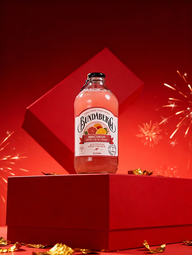 仰视角度拍摄的主体陈列在红色哑光礼盒上的特写，占画面五分之一。背景是红色礼盒呈倾斜放置在主体背后，突出商品质感。周围点缀金箔、烟花装饰，背景为暗红色到红色的上下渐变。