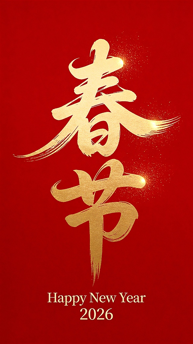 这是一张充满中式新年氛围的 2026 年马年主题装饰图，整体以喜庆的红金配色为主。采用红色中式镂空窗棂样式，搭配米黄色底色，还原传统建筑的雅致感。画面中央是奔腾姿态的红色骏马剪纸造型，鬃毛与四肢舒展，充满动感；马身融入金色的 “2026” 字样，点明年份主题。两侧悬挂红色灯笼，点缀流苏；周围环绕金色祥云图案，增添祥瑞气息；角落贴有 “福” 字红底春联，底部摆放多枚金色元宝，强化招财纳福的新年寓意。整体风格是立体剪纸质感。将“春节”狂草书，金色字体，艺术字字尾变形，3D粒子特效烫金，笔法笔走龙蛇，飞扬飘逸潇洒变形，笔触，苍劲有力，枯笔飞白，背景纯色干净喜庆中国红，新年海报，最下面是小字"Happy New Year 2026"。