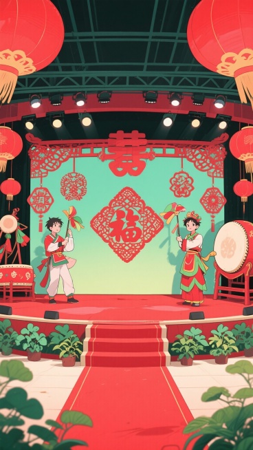 二次元卡通，东北舞台，氛围快乐、红绿色，不要人物，细节丰富，9:16，生成二张预览效果