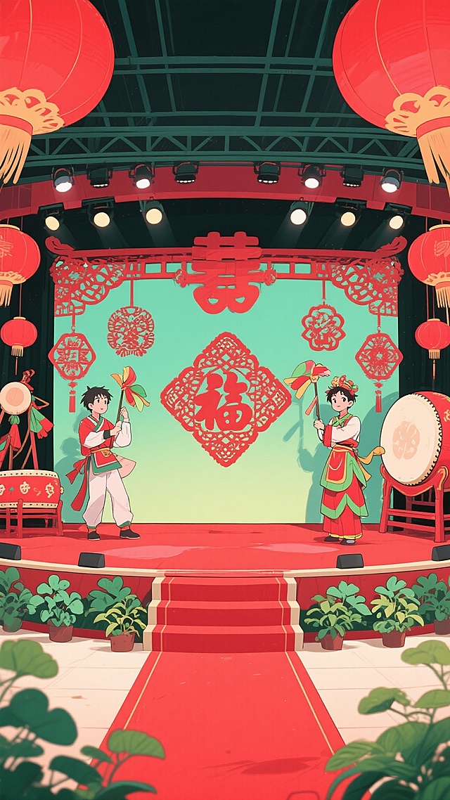 二次元卡通，东北舞台，氛围快乐、红绿色，不要人物，细节丰富，9:16，生成二张