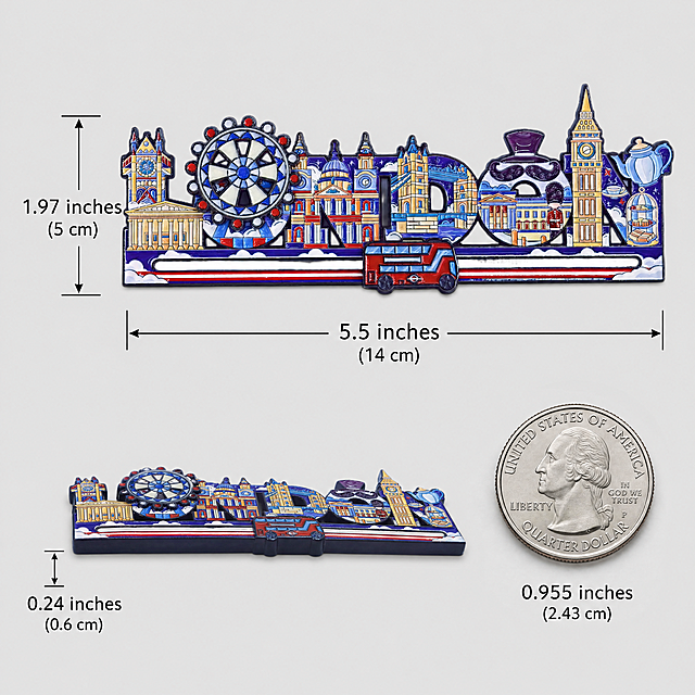 Size dimension diagram of London fridge magnet on clean light gray background. The magnet is shown horizontally with clear measurement lines and arrows indicating dimensions. Text labels display: "5.5 inches (14 cm)" for width and "1.97 inches (5 cm)" for height. A standard US quarter coin is placed next to the magnet for size reference comparison. Product shown at slight angle to show thickness. Minimalist technical illustration style, clean white and light gray palette, precise dimension lines. Professional product specification photography, sharp and clear measurements. 1:1 square format.