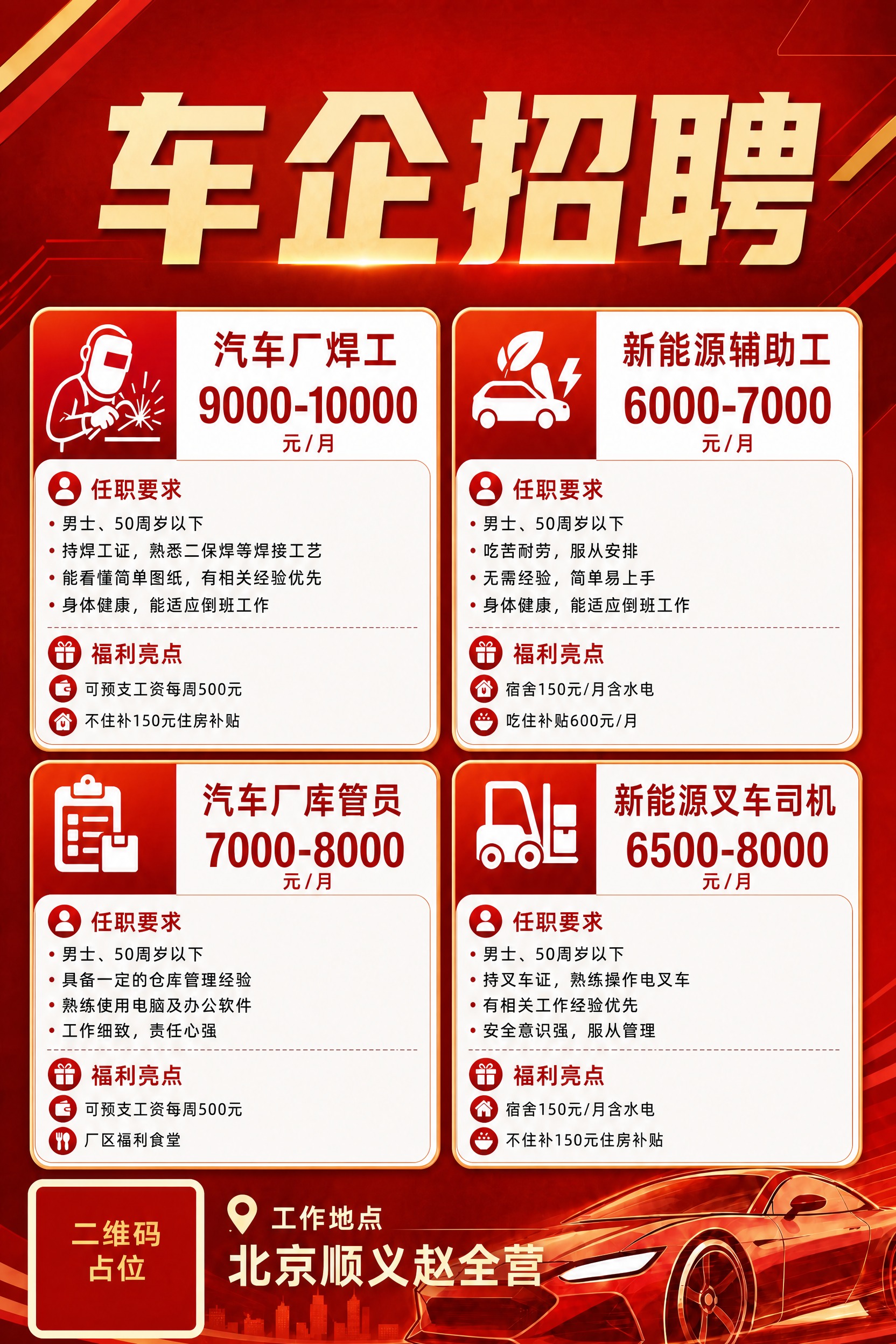 去掉海报顶部主标题"车企招聘"下方的副标题栏"北京顺义赵全营·… - 图片创意预览