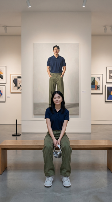 现代极简艺术展厅场景。浅白墙面搭配冷灰色水泥地面，轨道射灯营造柔和均匀的布光。展厅中央，一位清冷气质的18岁东亚年轻女生端坐于长木凳上，她留着黑长直发型，身穿商务polo衫，下身搭配军绿色牛仔裤，款式预览效果