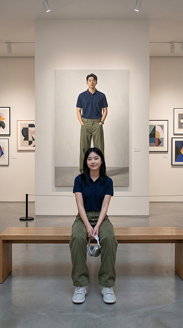 现代极简艺术展厅场景。浅白墙面搭配冷灰色水泥地面，轨道射灯营造柔和均匀的布光。展厅中央，一位清冷气质的18岁东亚年轻女生端坐于长木凳上，她留着黑长直发型，身穿商务polo衫，下身搭配军绿色牛仔裤，款式参考https://gdesign-dam-hz.dancf.com/36258186982181931/ae0da76521ba4e308244ed3793b3ae31.png，脚踩浅灰色耐克板鞋，双手自然搭在腿上，手中垂着一副银色头戴式耳机，面带浅笑，直视镜头，神态平静松弛。她身后是一幅等身大的男性写实油画，画中人物穿着同款polo衫，下身搭配军绿色牛仔裤，款式参考https://gdesign-dam-hz.dancf.com/36258200967030899/b09ed022a6be4daaa4e94caef7f2bb67.png，双手插兜，与女生形成呼应式穿搭。展厅两侧墙面挂有小幅艺术画作，地面设有黑色隔离立柱，整体氛围清冷高级，兼具艺术感与穿搭展示性，光线柔和且层次分明，突出人物与画作的互动感。