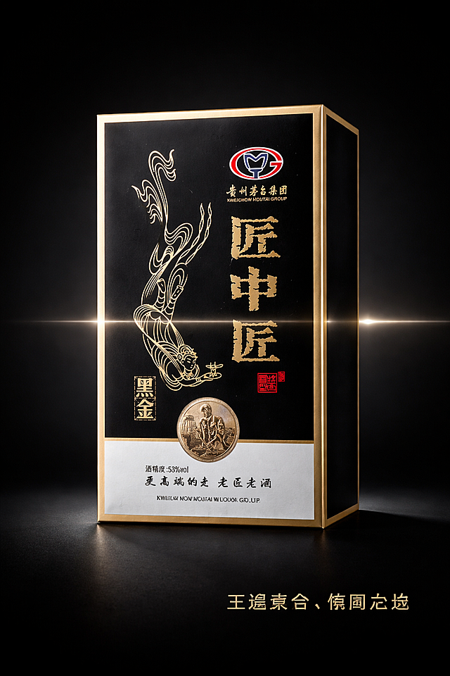 「图片1」，生成一套详情图（9张），详情页 第1张：开屏品牌海报（确立高端基调） 全屏品牌海报。背景为墨黑色，泼洒着极其细微的金色墨点和流动的金色液体纹理。酒瓶悬浮于正中，通体散发出微弱且高级的黑金色光晕。顶部用苍劲有力的书法字体呈现“匠中匠·黑金”，下方是“匠心勾调，陈酿酱香”，营造出浓郁的中国酱酒文化底蕴与神秘感。  第2张：完整产品展示（喝前看清楚长啥样） 360度旋转展示的中间帧。纯黑背景，一道水平扫光掠过瓶身，清晰展示黑金瓶身的轮廓曲线、金色瓶盖的光泽和通透的瓶底。画面干净无干扰，像奢侈品手表的产品展示图，旁边可附一小行字：“至臻黑金，格调之选”。 第3张：酱香奥秘拆解（口感描述视觉化） 左侧放置酒瓶，右侧用可视化图表拆解香气。以“香气轮盘”的形式，内圈是倒满酒液的高脚杯，外圈辐射状标注文字：“前段·焦糊香”、“中段·花果香”、“尾段·陈酿香”、“饮后·不上头”。整体色调为香槟金与黑色，类似高级香水成分解析图。 第4-5张：原料与工艺（讲好品质故事） 第四章原料一幅壮丽的贵州茅台镇赤水河畔风光插画作为背景长卷，前景悬浮着高品质的红缨子高粱、金色麦穗和清澈泉水，三者呈三角形构图。文字标注：“天赋风土·地道原料”。 第五章工艺移轴摄影风格的微缩古法酿酒场景，展示踩曲、堆积发酵、高温馏酒等核心环节。画面色调复古偏暖。文字突出：“恪守12987大曲坤沙工艺·陈年老酒小批量勾调”。 第6张：极致的细节鉴赏（让人把玩不已） 四分格放大特写。左上：瓶盖顶部的“匠”字镌刻；右上：龙凤浮雕与瓶身的契合度；左下：产品背标及防伪二维码；右下：瓶底烧制的批次编号。每一格都是独立的商业微距大片，拼接在一起，配文：“每一处细节，皆是匠心”。 第7-8张：多场景演绎（告诉顾客能在哪喝） 第七张-宴客聚焦餐桌。一瓶已开启的黑金酒，旁边是两只碰杯的酒杯，背景里是模糊的满桌佳肴和热烈交谈的食客。配文：“商务宴请·以酒载道”。 第八张-礼赠精美包装礼盒场景。黑金酒装入精致的黑色礼袋，旁边放着一张手写的鎏金贺卡。一束柔和的暖光打在礼物上，背景是温馨的客厅。配文：“贵重的心意·给最重要的人”。 第9张：品质承诺与防伪（彻底打消疑虑） 科技感与品质感结合的页面。画面主体是手机扫描瓶身二维码的截图动画，画面显示“正品通过”。旁边罗列权威图标：“纯粮固态发酵”、“茅台集团出品”、“PICC品质承保”。文字：“一瓶一码·正品溯源·放心喝好酒”。适配抖音电商平台