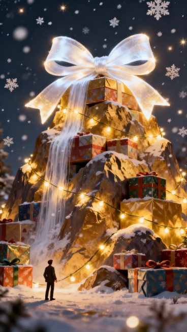 微型人物探索一个充满巨大礼物盒的山谷，这些礼物盒堆叠得像山脉一样。巨大的丝带像瀑布一样垂落，超大的蝴蝶结发出柔和的光芒。闪闪发光的圣诞灯缠绕在巨大的礼物上，轻柔的雪花飘落，营造出梦幻般的魔法氛围。预览效果