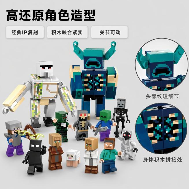 [主图-2]我的世界公仔还原度细节亮点展示。保持公仔外观（物理结构、材质质感、颜色）与输入产品图绝对一致，杜绝任何变形和色差，精细化处理。氛围风格：清晰直观，突出细节品质；画质：商业摄影质感、光线柔和预览效果
