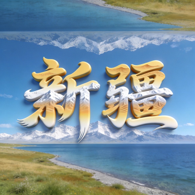 新疆赛里木湖蓝天雪山草地自然景色背景，3D艺术字体设计，两个字"新疆"，所有文字单行横向排列，国潮书法风格，行云流水一气呵成的笔势，笔画融入新疆地貌纹理渐变，沙漠黄与雪山白渐变，带有强烈的地域特色。仅预览效果