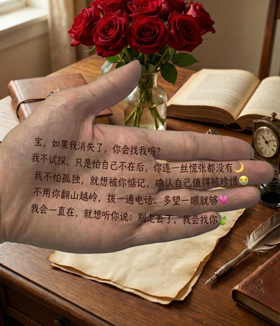 将下面的文章放在手掌中间“宝，如果我消失了，你会找我吗？我不是试探，只是怕自己不在后，你连一丝慌张都没有🌙 我不怕孤独，就想被你惦记，确认自己值得被珍惜🥹 不用你翻山越岭，拨一通电话、多望一眼就够预览效果