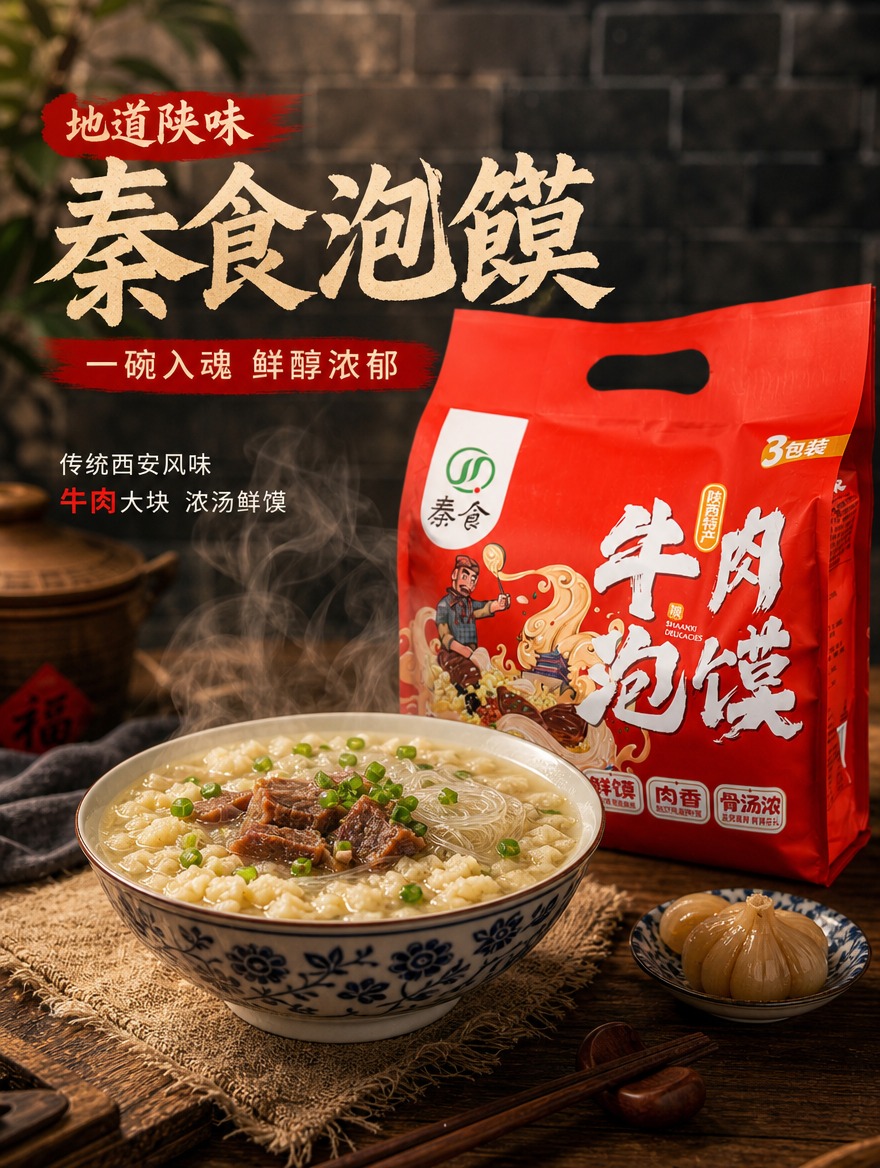 国风陕味美食摄影，暖调醇厚。 红色牛肉泡馍手提袋立于右侧，左前… - 图片创意预览