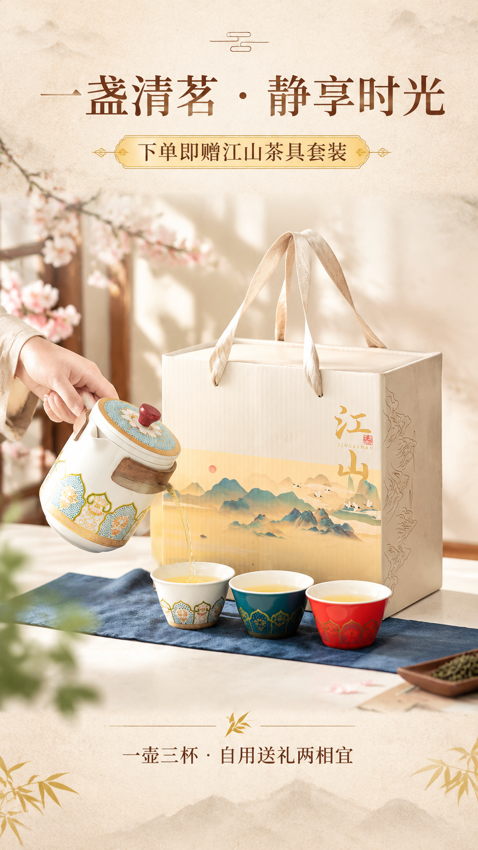 [商品] 使用【图1】江山茶具礼盒（一壶三杯）与手提袋；保留白… - 图片创意预览