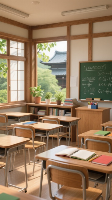 一间明亮的日式教室内部，温暖的阳光透过木质边框的大窗户洒入，窗台上摆放着几盆绿植，窗外可见郁郁葱葱的绿叶和传统日式建筑的屋顶轮廓。教室前方是一块写满数学公式和文字的深绿色黑板，黑板下方的木质讲台上整齐堆放着书籍和粉笔盒。教室里排列着多排木质课桌和金属框架椅子，近处的一张课桌上翻开着一本笔记本，整体采用温暖的木色调与柔和的光影，营造出宁静而充满学习氛围的场景，3D渲染风格，细节丰富，光线明亮柔和……预览效果