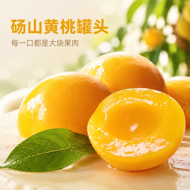 [主图-1] 黄桃罐头大片果肉诱人食欲首图。保持黄桃果肉外观、颜色、质地与原图一致，杜绝变形色差。
氛围风格：清新自然食欲感，专业品质商品展示
画质：商业摄影质感，光线柔和通透，产品清晰真实，画面干净预览效果