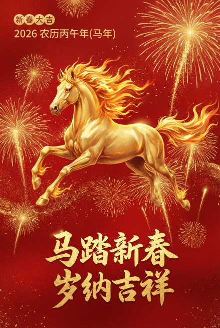 参考这张马年春节海报的风格，制作一张全新的A3尺寸、300ppi、RGB模式的春节主题海报，保留红色烫金质感，画面包含奔腾的金色骏马、璀璨烟花，搭配文案“2026 农历丙午年(马年)”“马踏新春 岁纳预览效果