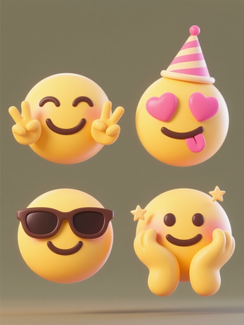 4个造型完全不同的3D卡通表情符号系列，每个都带有微笑元素，保持黄色圆形脸部、深棕色线条表情和粉红色心形装饰的统一风格，具有光滑渐变质感、柔和高光和自然阴影，纯色背景，规整排布成一行或两行，分别展现：1. 双眼弯成月牙、双手比耶的微笑表情；2. 戴着派对帽、吐舌头的俏皮微笑表情；3. 戴着太阳镜、嘴角上扬的酷帅微笑表情；4. 捧着脸颊、双眼冒星星的害羞微笑表情。预览效果