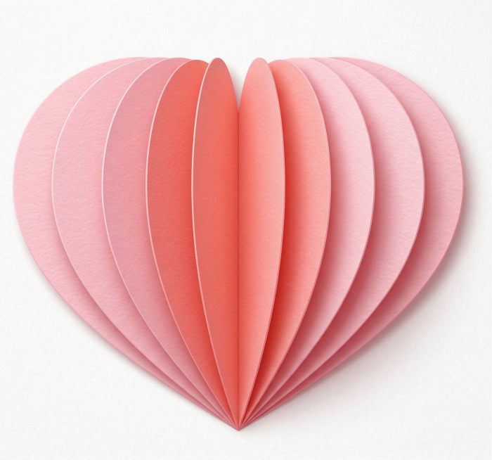 可爱粉色纸工艺风格的心形，采用多层折纸技术制作，清晰可见的纸张层叠边缘和折痕，立体纸艺3D效果，轻微的纸张纹理和柔和阴影，渐变粉色纸张，精致的手工纸工艺质感，干净简洁的白背景，Adobe Illust预览效果
