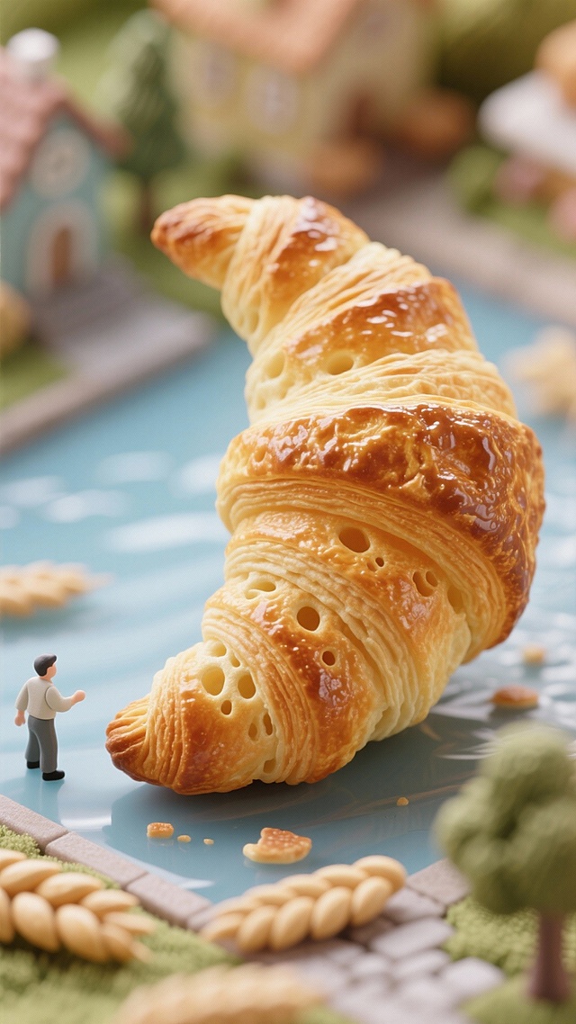 微缩艺术风与3D重拟物结合，超现实主义场景中巨牛角包漂浮湖面，粘土质感细腻，梦幻可爱，趣味十足。