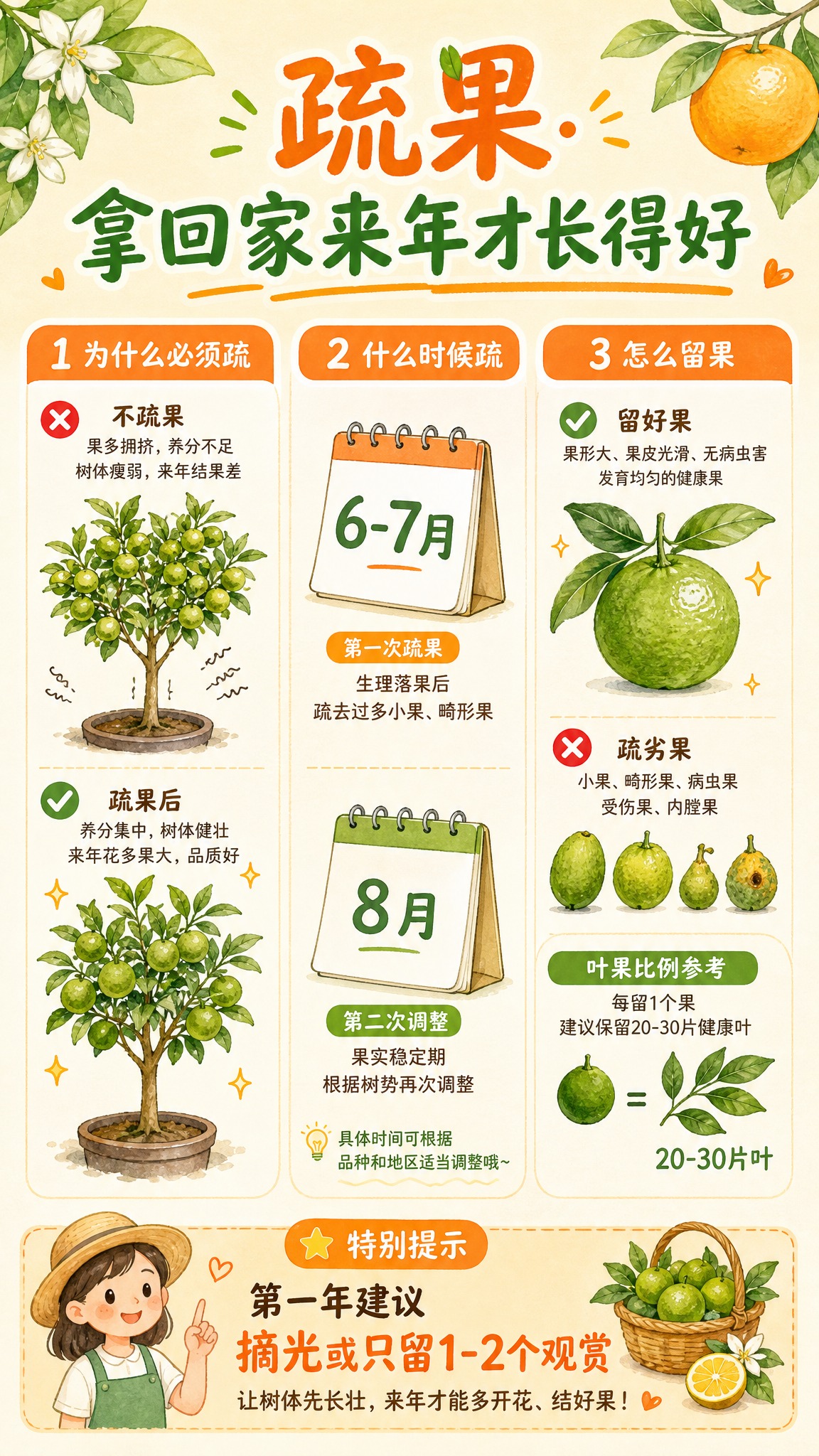 柑橘疏果养护手卡，清新手绘插画风格，竖版布局，主题是"疏果·拿… - 图片创意预览