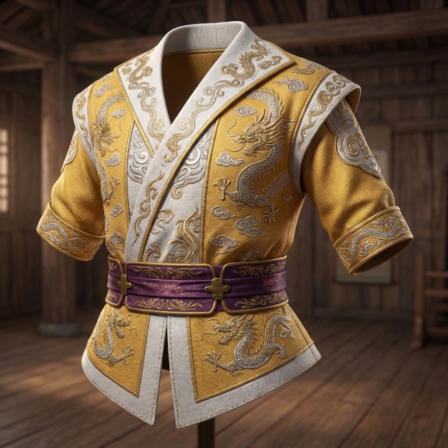 游戏3D武侠风格衣服，劲装款式，带有传统刺绣纹饰，黄白配色贴合武侠江湖风格预览效果