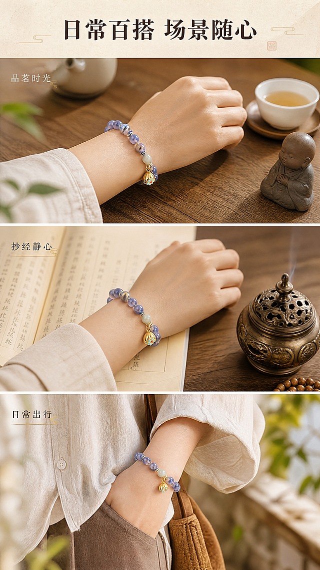 [商品] 使用【图1】蓝糖心玛瑙心经手串；保留手串完整结构、颜色、材质与比例；在三个场景中分别以佩戴或展示形式出现，确保手串外观一致；商品处理：佩戴时珠子自然贴合手腕，摆放时形态自然，光泽温润。
[画面] 页面目标：多场景种草，展示日常百搭属性。构图：竖版9:16，三格拼图纵向排列，每格一个场景：1）上格：茶桌场景——手腕轻放在木质茶桌上，旁边有白瓷茶杯和小巧茶宠，茶香氛围；2）中格：经书场景——手腕搭在摊开的经书上，旁边有古铜色小香炉，禅意氛围；3）下格：日常穿搭场景——穿浅米色棉麻衬衫的手腕，手串自然露出，整体自然随意，日常感强；三格之间有细浅色分隔线；每格都有柔和自然光，色调统一温暖。
[视觉] 套系策略：风格=东方禅意新中式商业摄影；标题字=宋体/衬线体粗字；正文字=简洁宋体；主色=浅米杏+雾霾蓝；背景延展=基于浅米杏做深浅层级、同色渐变和细腻棉麻/宣纸质感；强调色=暖金色，仅用于小面积点缀、引线、标签和金属光泽；标题色=深棕褐；正文色=暖灰褐；组件=细线分隔、宣纸质感底纹、印章式点缀；光影=每格均为柔和自然光，左前侧主光，阴影浅淡，整体色调统一。
[文字] 画面顶部放主标题"日常百搭 场景随心"，横向居中；每格场景角落配小字标注："品茗时光"、"抄经静心"、"日常出行"；字体为雅致宋体，主标题醒目，场景标注字小巧雅致；文字全部横向排版，不遮挡手串主体。
[规格] 图片比例9:16竖版，4K，淘宝/天猫详情页适配；负向提示：避免变形、错字、文字过小、手串颜色不一致、场景杂乱、人物脸部出现、三格色调不统一、手串结构改变。