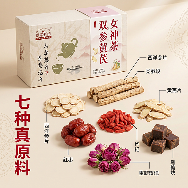 [主图-2] 双参黄芪女神茶核心原料展示图。
[氛围风格] 天然养生自然清新风格，通透干净；
[画质] 商业摄影质感、光线柔和通透、产品清晰真实、画面干净高级。
[元素] 双参黄芪女神茶包装盒放置在画面左上区域，七种核心原料（西洋参片、党参段、黄芪片、红枣、枸杞、重瓣玫瑰、黑糖块）整齐排列在画面右下区域，每种原料都清晰展示，背景为浅米色简约国风底纹。保持产品外观与输入产品图绝对一致，杜绝任何变形和色差，精细化处理。商品与原料占比合理，画面满屏无边框。
[光影] 柔和自然侧光，突出每种原料的纹理质感，通透不灰蒙，整体光影统一和谐。
[配色] 主色调浅米底色，搭配原料自然色彩，红色文字点缀，清新自然。
[视角构图] 斜角分层构图，前中后景清晰，产品与原料都完整展示。
[文字版式] 左侧大字写"七种真原料"红色粗体，每种原料旁用细黑线引注标注名称，文字与引线纤细不遮挡原料，清晰易读。
[比例分辨率] 1:1 比例，2k 分辨率；文字清晰锐利，画面超高清。
[负向提示词] 变形，水印，文字错乱，产品图模糊，背景杂乱。