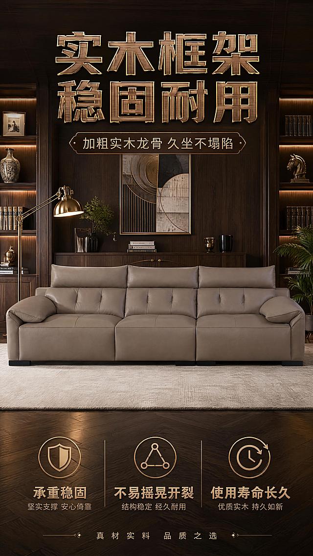 [第3屏] 材质卖点解析-实木框架稳固耐用。本屏使用【图1】作为商品主体，保持产品结构、比例、颜色、材质完全一致，通过整体展示体现框架稳固感。
[氛围/风格] 高级稳重质感风，现代轻奢书房/客厅场景，商业摄影质感，无人物，不展示内部结构。
[元素布局] 沙发置于画面中央偏下，正面角度，占比约55%，完整展示沙发稳重造型和实木脚；背景为高端书房或客厅一角，包含实木书架、金属台灯、精装书籍、陶瓷摆件、艺术挂画等；前景有质感地毯；画面通过沙发底部实木脚的稳重感和整体方正造型体现实木框架的稳固；可加入建筑结构线条元素象征框架稳固。
[光影质感] 顶部均匀柔光，侧面补光勾勒沙发轮廓，底部投影厚重扎实，整体光线明亮稳重。
[配色色系] 全局底色深木色渐变；主色浅咖沙发；辅助色深胡桃木色、金属古铜色、米白色；点缀色墨绿色植物。
[视角构图] 正面平视略偏低角度，突出沙发稳重感，阅读动线上标题→中沙发→下卖点。
[文字版式] 顶部居中艺术字大标题「实木框架 稳固耐用」，字体采用方正有力的艺术字体，带有木纹质感和金属描边装饰；副标题「加粗实木龙骨 久坐不塌陷」；下方横向排列3个艺术字卖点框：「承重稳固」「不易摇晃开裂」「使用寿命长久」，每个卖点配结构感图标，字体有力量感和设计花样；底部小字「真材实料 品质之选」。
[比例分辨率] 9:16竖版比例，4K分辨率，文字清晰可辨，高清画质。
[负向提示词] 变形，水印，文字错乱，文字过小，缺件错件，结构错误，颜色偏差，产品图模糊，背景杂乱，有人物，内部结构展示，框架剖面图，骨架图。