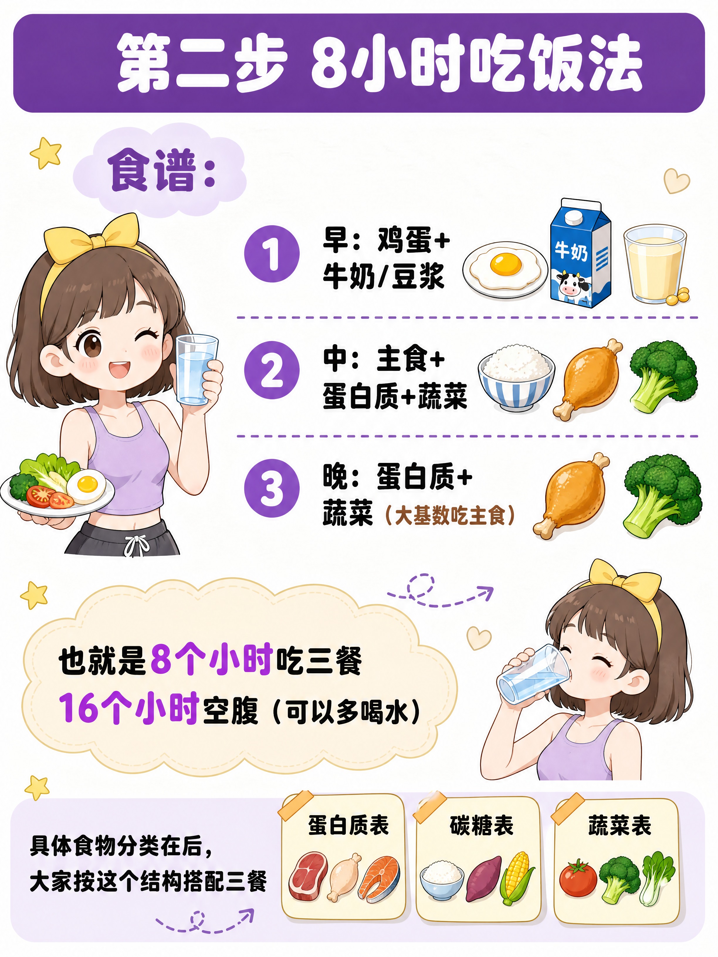 竖版3:4小红书减脂食谱内页，日系Q版二次元赛璐璐风，纯白背景… - 图片创意预览
