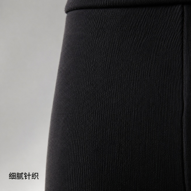 [主图-4] 纯黑色连体长裤材质肌理特写
[氛围风格] 简约高级，特写质感
[画质] 商业摄影质感，光线柔和通透，产品清晰真实，画面干净高级
[元素] 纯黑色连体长裤面料局部特写，展示针织纹理，面料细预览效果
