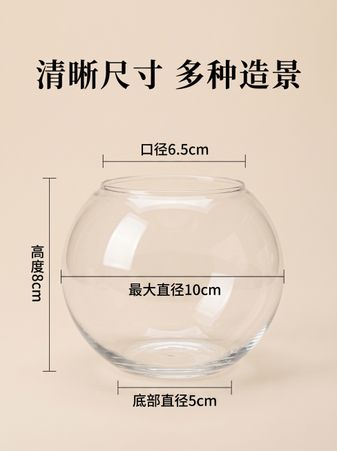 [主图 5] 高硼硅玻璃鱼缸尺寸规格展示。[氛围风格] 中国古风简约干净。[画质] 商业摄影真实质感，光线柔和通透，产品清晰真实，画面干净高级。[元素] 圆形高硼硅玻璃鱼缸居中放置，清晰标注长宽高尺寸预览效果