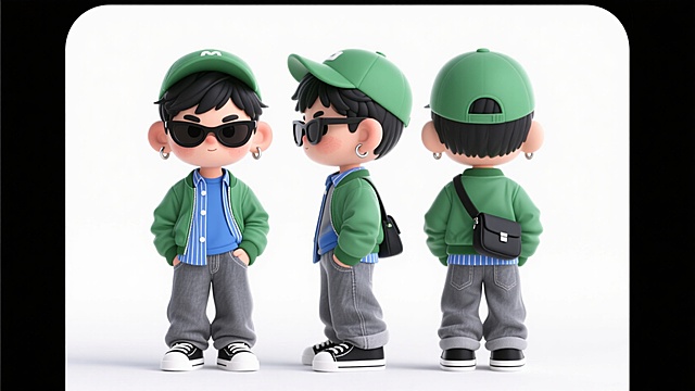 软3D风卡通形象，可爱男孩多角度展示，绿色系穿搭，时尚休闲。