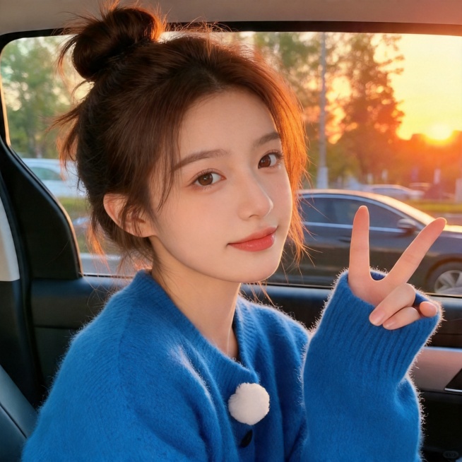 参考提供图片，保持相同动作：坐在车内，比V手势，丸子头发型，傍晚落日车窗背景，要求和参考图人物差异大，发色五官脸型发型细节完全不同，生成一张全新的美女正方形头像，高清晰，精致五官，人物和参考图中的人完预览效果