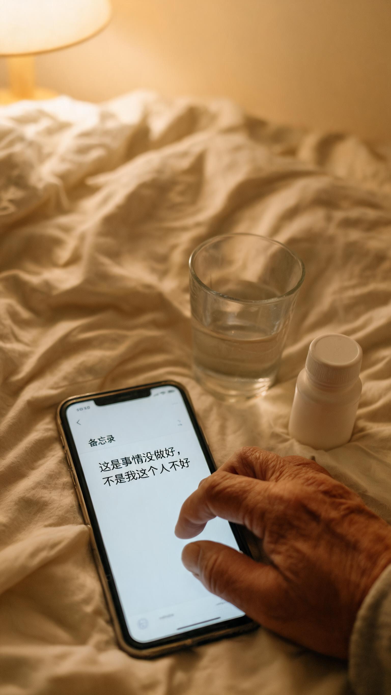 普通出租屋的床头，暖灯下，一只粗糙的手在手机备忘录里写"这是事… - 图片创意预览