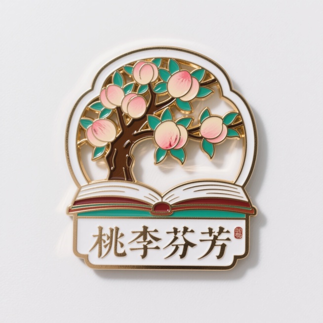 金属珐琅冰箱贴，桃树，下方有展开书装饰而成，长方形不规则边框，下方金字写着“桃李芬芳”预览效果