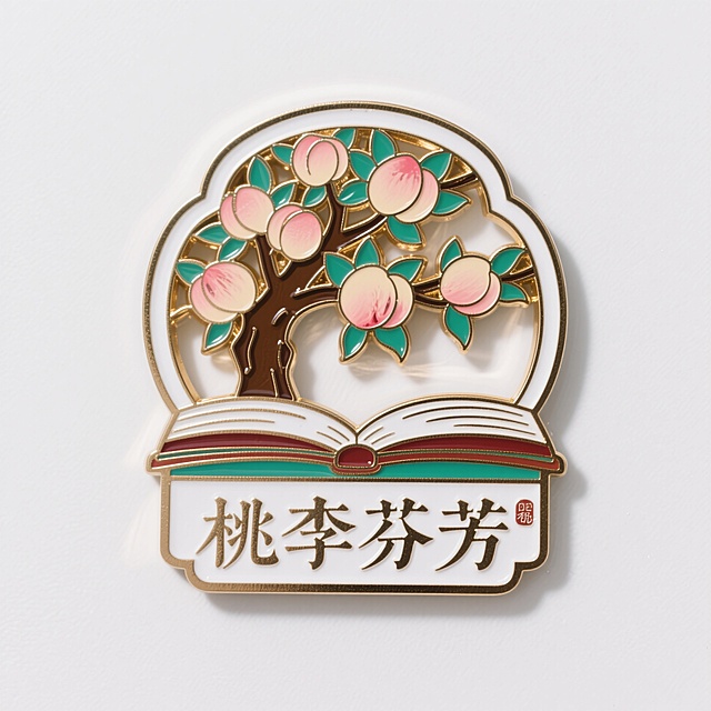 金属珐琅冰箱贴，桃树，下方有展开书装饰而成，长方形不规则边框，下方金字写着“桃李芬芳”