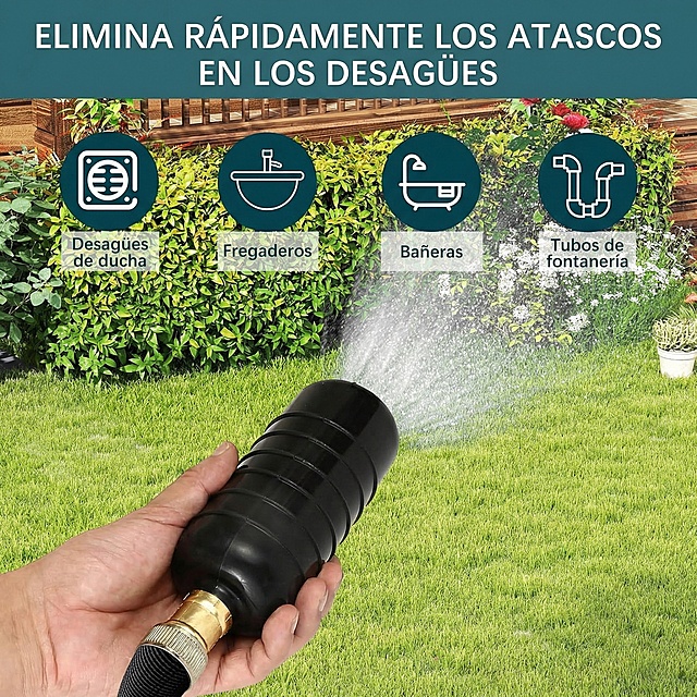 将图片中的英文替换为西班牙语："ELIMINA RÁPIDAMENTE LOS ATASCOS EN LOS DESAGÜES
Desagües de ducha
Fregaderos
Bañeras
Tubos de fontanería"