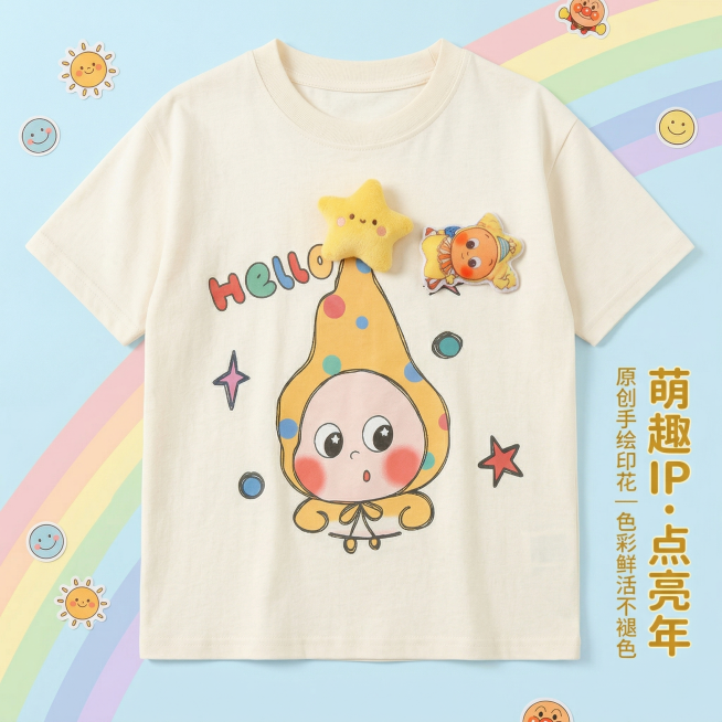 严格还原上传的产品图，包括包装设计、颜色、LOGO位置、文字内容、图案元素等所有细节，产品为米白色儿童短袖T恤，带有立体黄色星星布艺装饰与卡通IP印花图案，画面采用杂志级精致排版，主标题“萌趣IP・点预览效果