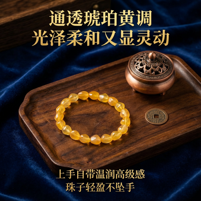 这张图片是产品主体这款产品是蜜蜡手串  我需要设计10张主图在拼多多上面售卖   主图设计整体显得高级一些  主图文案内容   通透琥珀黄调 光泽柔和又显灵动 上手自带温润高级感 珠子轻盈不坠手预览效果