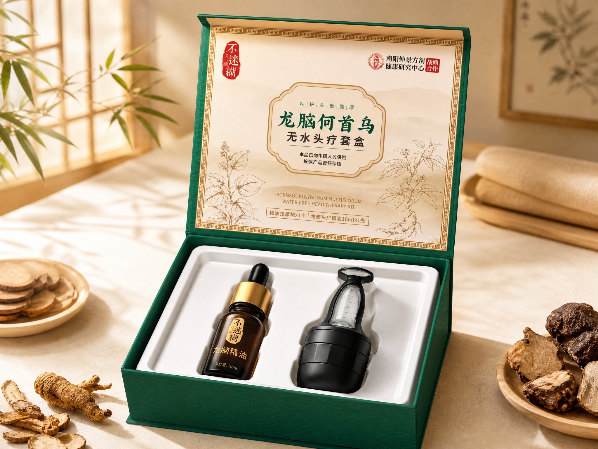 将图1的龙脑何首乌无水头疗套盒包装盒与图2的内托精油+按摩梳产… - 图片创意预览