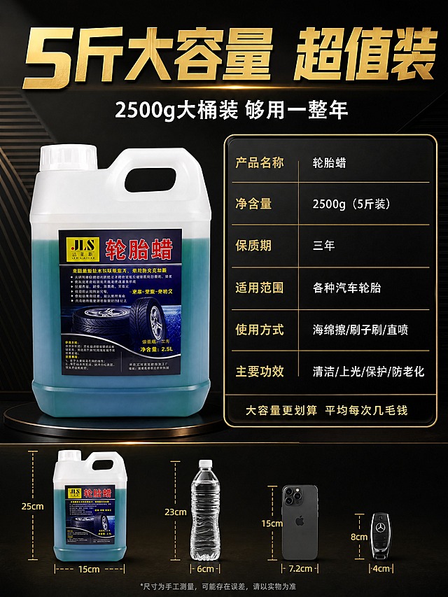 [商品] 使用【图1】洁莱斯轮胎蜡产品桶；保留白色塑料桶身、蓝绿色液体、品牌标和所有标签文字，不改变包装结构、颜色和比例。产品桶位于画面左侧，占画面40%。
[画面] 第11张·产品规格参数页，目标展示容量规格和产品信息。左右结构，左侧产品实物图，右侧参数信息卡。底部有手掌/常见物品参照展示大小。阅读动线：标题→左侧产品→右侧参数→底部参照。
[视觉] 套系策略：风格=国内电商汽车养护黑金商业风；标题字=粗黑体厚重有力；正文字=清晰无衬线黑体；主色=深黑金（炭黑+金属金）；背景延展=基于炭黑做深浅渐变质感；强调色=金属金；标题色=金属金；正文色=浅灰白；组件=黑金参数表格、金色分割线、金色尺寸标注；光影=左前侧光源，产品清晰立体。
[文字] 顶部主标题"5斤大容量 超值装"，金色粗体；副标题"2500g大桶装 够用一整年"，白色；右侧参数卡：产品名称"轮胎蜡"、净含量"2500g（5斤装）"、保质期"三年"、适用范围"各种汽车轮胎"、使用方式"海绵擦/刷子刷/直喷"、主要功效"清洁/上光/保护/防老化"。底部小字提示"大容量更划算 平均每次几毛钱"。
[规格] 图片比例3:4竖版，4K，负向：变形、错字、文字过小、瓶身文字错乱、白底、浅灰背景、冷蓝色调、虚假参数。
