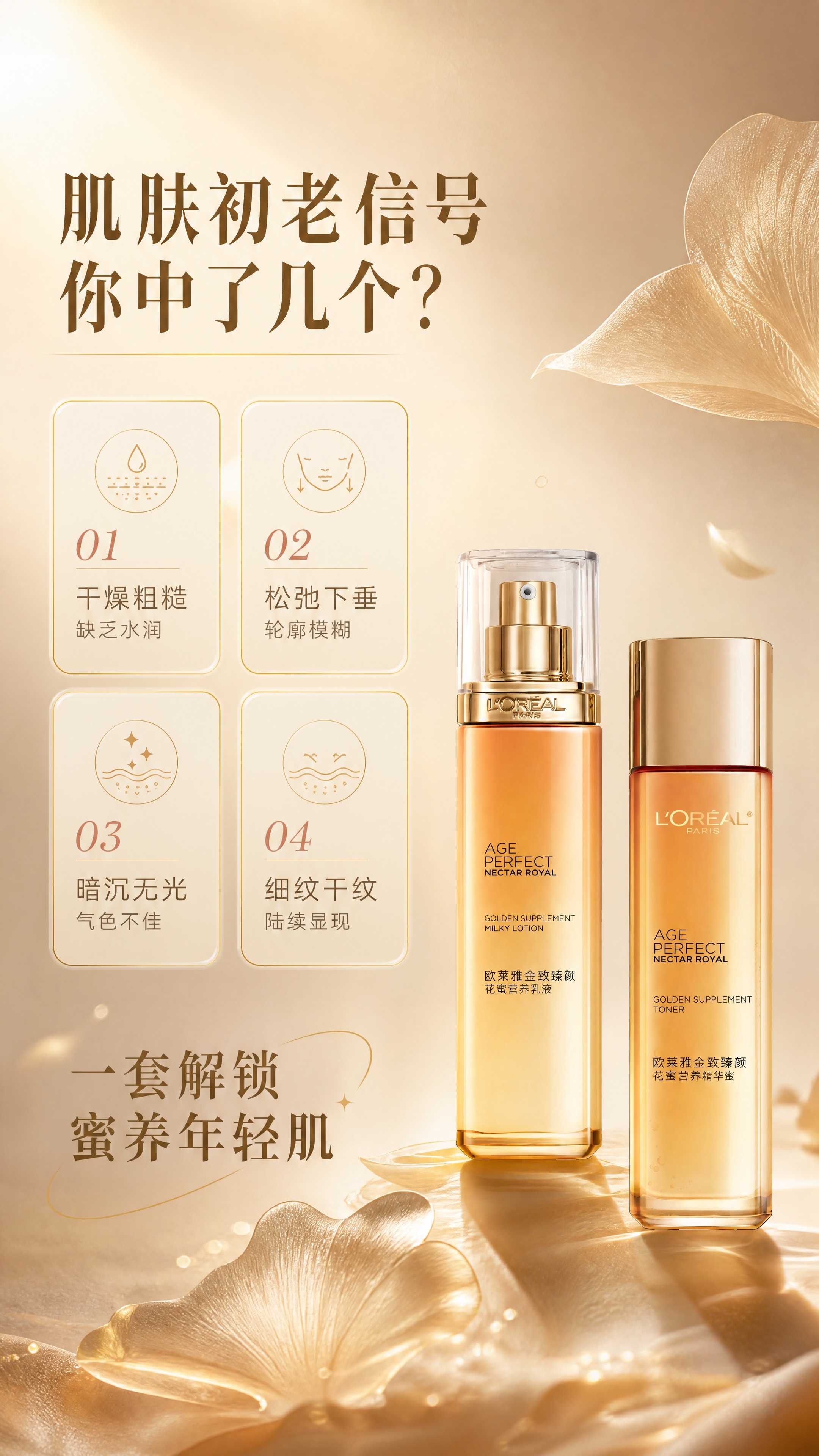 [商品] 使用【图1】欧莱雅金致臻颜花蜜水乳套装，保留两瓶外观… - 图片创意预览