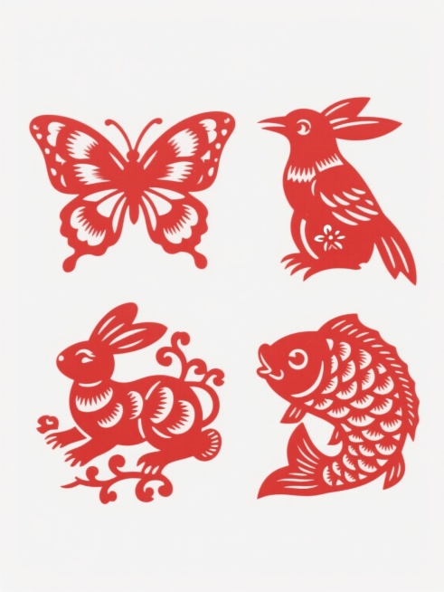 一套4个规整排布的中国传统剪纸风格素材，每个素材均为不同造型样式的动物（如蝴蝶、喜鹊、兔子、鲤鱼等），剪纸线条细腻流畅，具有镂空透雕的层次感和传统吉祥纹样的装饰细节，整体采用纯红色剪纸图案，背景为纯白色，无任何文字、logo及水印，构图对称均衡，保持剪纸艺术特有的镂空美感和手工剪裁的质朴韵味。预览效果