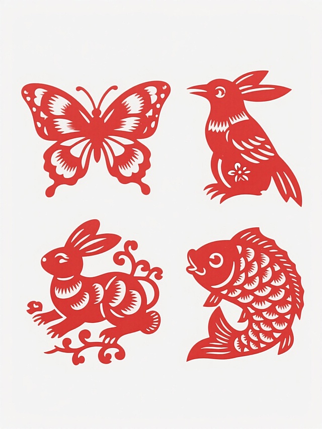 一套4个规整排布的中国传统剪纸风格素材，每个素材均为不同造型样式的动物（如蝴蝶、喜鹊、兔子、鲤鱼等），剪纸线条细腻流畅，具有镂空透雕的层次感和传统吉祥纹样的装饰细节，整体采用纯红色剪纸图案，背景为纯白色，无任何文字、logo及水印，构图对称均衡，保持剪纸艺术特有的镂空美感和手工剪裁的质朴韵味。