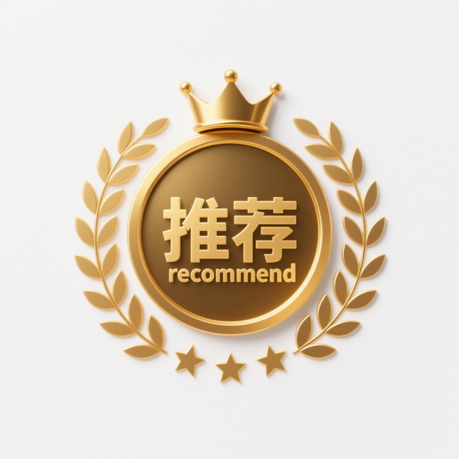 金色圆形徽章，中心为金色立体“推荐”二字及英文“recommend”，上方有金色小皇冠，外圈环绕金色月桂枝图案和五颗五角星，整体采用扁平化设计风格，纯色白色背景，线条简洁明快，色彩鲜明，无渐变和复杂光影效果，视觉元素清晰突出。预览效果