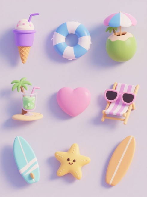 一套9个夏日主题3D立体图标，包含冰淇淋甜筒、紫色吸管杯、蓝色爱心游泳圈、绿色椰子饮料、沙滩躺椅遮阳伞场景、粉色心形太阳镜、冲浪板、黄色海星等元素，采用统一的马卡龙色系配色方案，每个图标造型独特、角度各异，在纯色背景上呈3x3网格规整排布，保持圆润可爱的Q版3D风格，光影柔和，充满夏日轻松愉悦氛围，无文字及二维码元素。预览效果