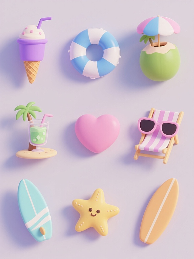 一套9个夏日主题3D立体图标，包含冰淇淋甜筒、紫色吸管杯、蓝色爱心游泳圈、绿色椰子饮料、沙滩躺椅遮阳伞场景、粉色心形太阳镜、冲浪板、黄色海星等元素，采用统一的马卡龙色系配色方案，每个图标造型独特、角度各异，在纯色背景上呈3x3网格规整排布，保持圆润可爱的Q版3D风格，光影柔和，充满夏日轻松愉悦氛围，无文字及二维码元素。