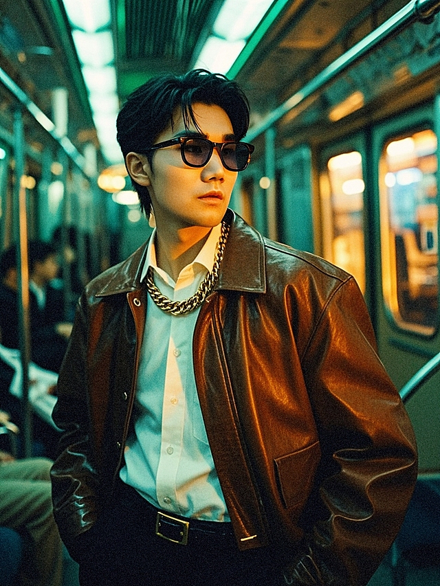 地铁车厢内的人物，身着棕色皮夹克、白衬衫，搭配大金链与墨镜，复古时尚，氛围感拉满。
