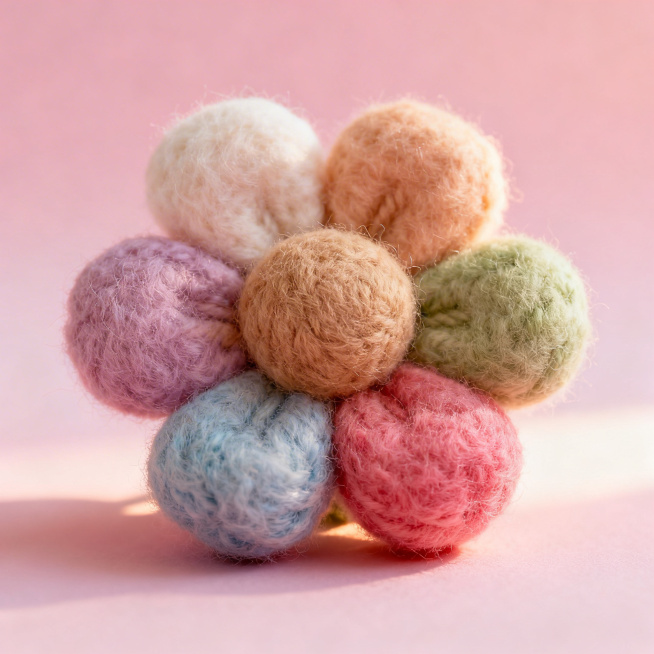 用蓬松柔软的彩色毛线球制作成的花朵，花瓣由不同颜色的毛线球组成，中心是浅棕色毛线球，背景是淡粉色渐变，整体风格可爱治愈，充满温馨感预览效果